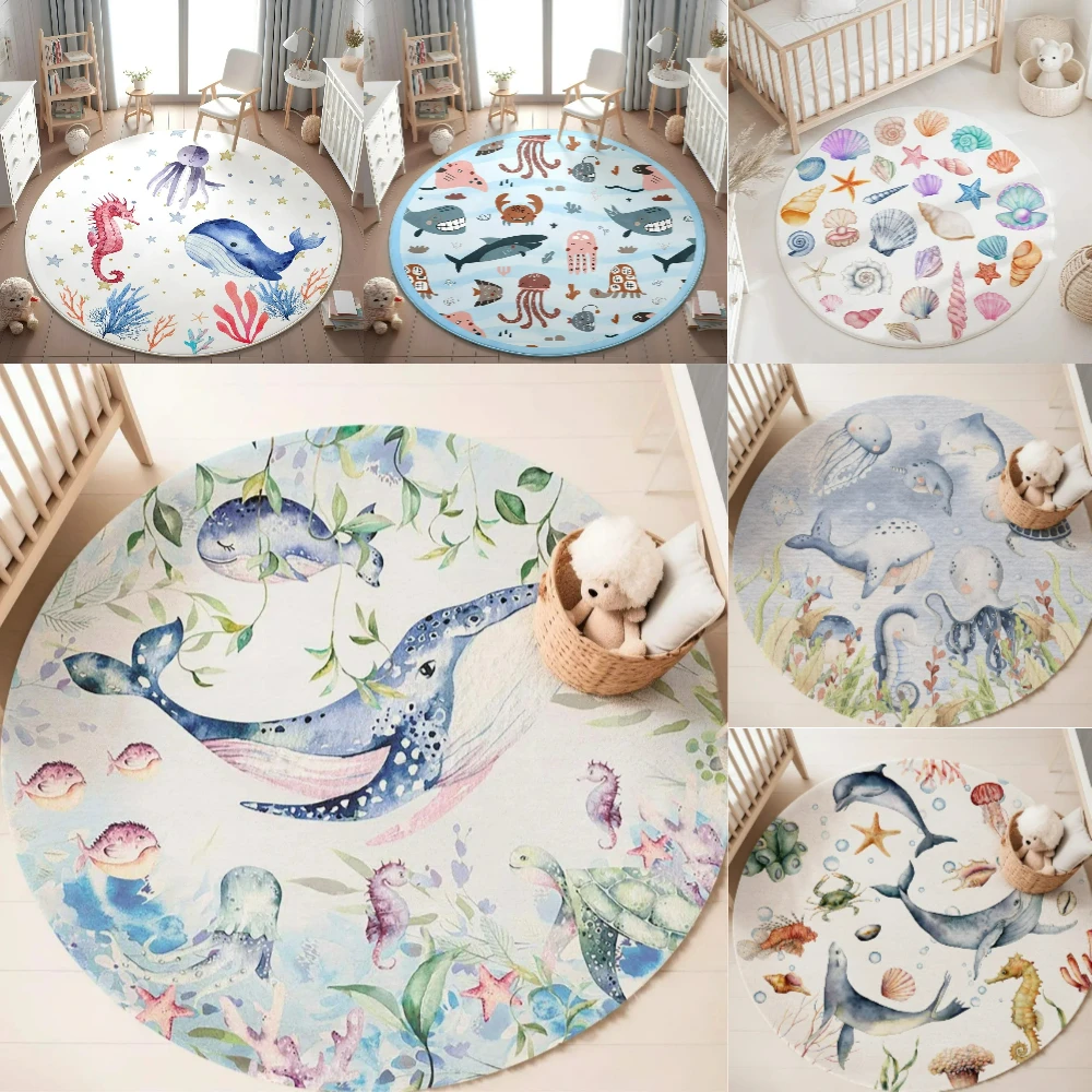 푸른색 해양 동물 원형 카펫 (거실, 여자아이 방, 아 - Baby Nursery Decor Girl 리뷰 및 가격