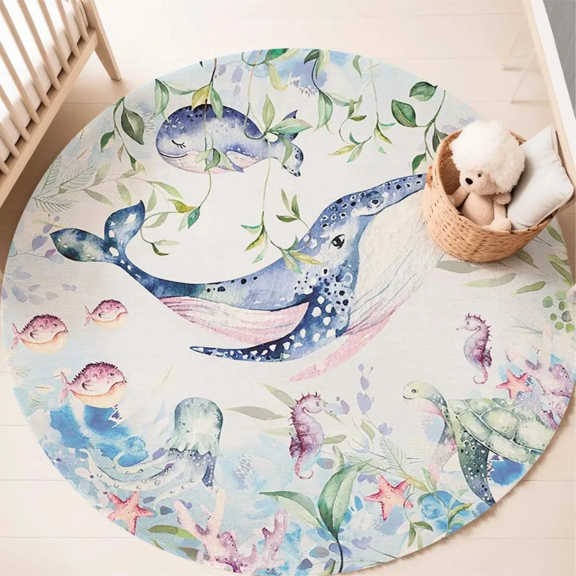 푸른색 해양 동물 원형 카펫 (거실, 여자아이 방, 아 - Baby Nursery Decor Girl 리뷰 및 가격
