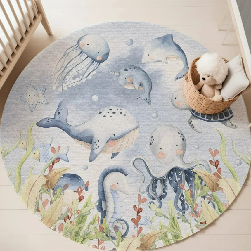 푸른색 해양 동물 원형 카펫 (거실, 여자아이 방, 아 - Baby Nursery Decor Girl 리뷰 및 가격